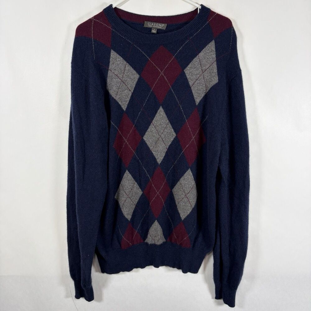 Giasone 100% Cashmere Sweater Mens Size Large Blue Red Argyle Crewneck Pullover